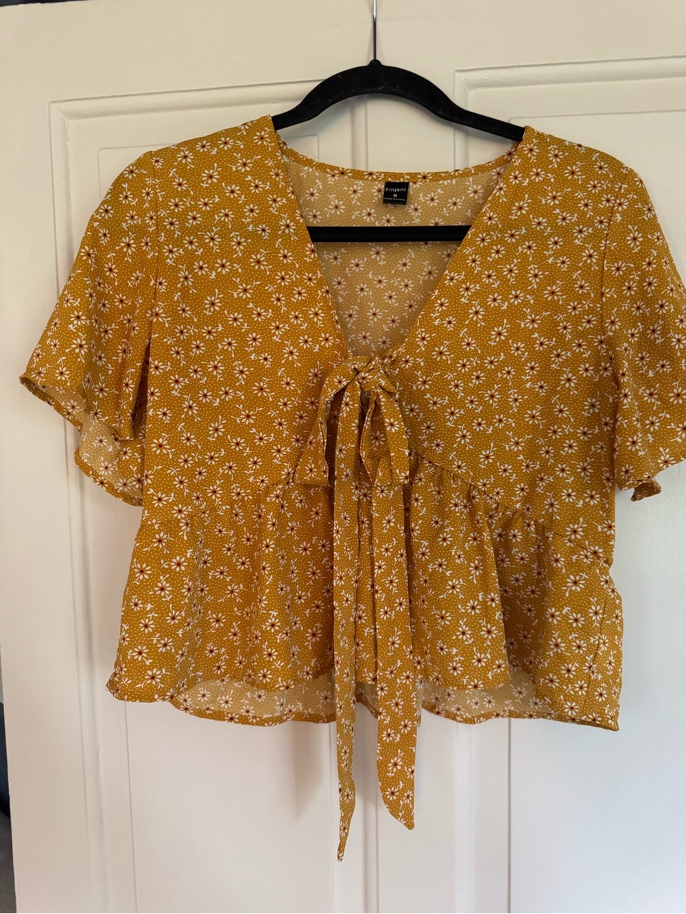 Floral yellow blouse - front tie, flowy - perfect for spring!